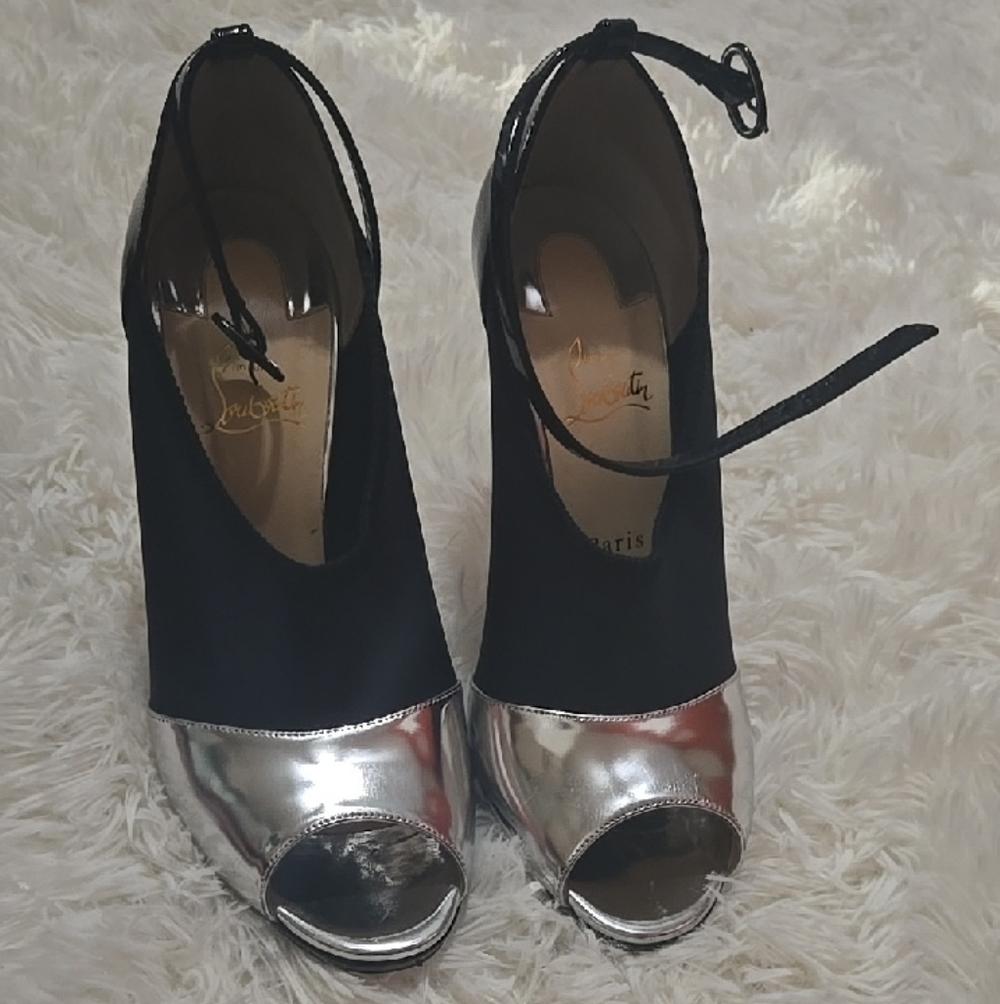 Christian Louboutin Black and Silver Peep-Toe Heels